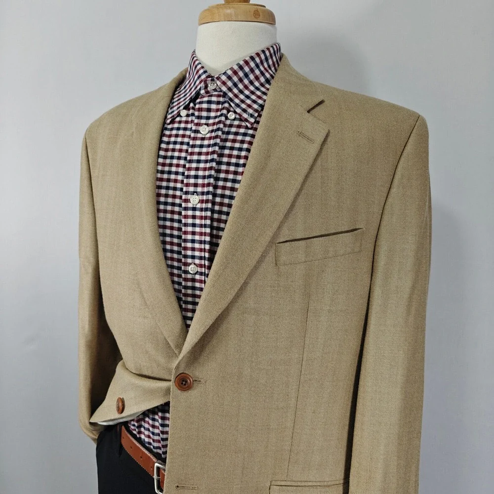 Kasper Men's Sport Coat Blazer‎ Two Button Beige Herringbone Silk Wool Size 44L